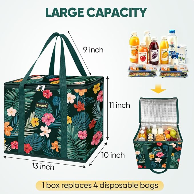 BALEINE 3PK Insulated Reusable Grocery Bag, Heavy Duty Shopping Tote | Foam & Foil Insulation, 9" Long Handles, Reinforced Bottom Keeps Upright, Fold Flat Storage, Water-Resistant Shopping Bag - Image 5