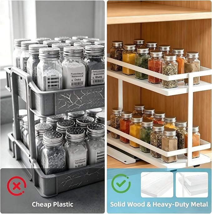 Pull Out Spice Rack 2Pcs Metal & Wood Seasoning Organizer White | No-Drill Install | Full-Extension Silent Glide | Each Tier Holds 10–12 Standard Spice Bottles | Rustproof, Wipe-Clean Surface - Image 7