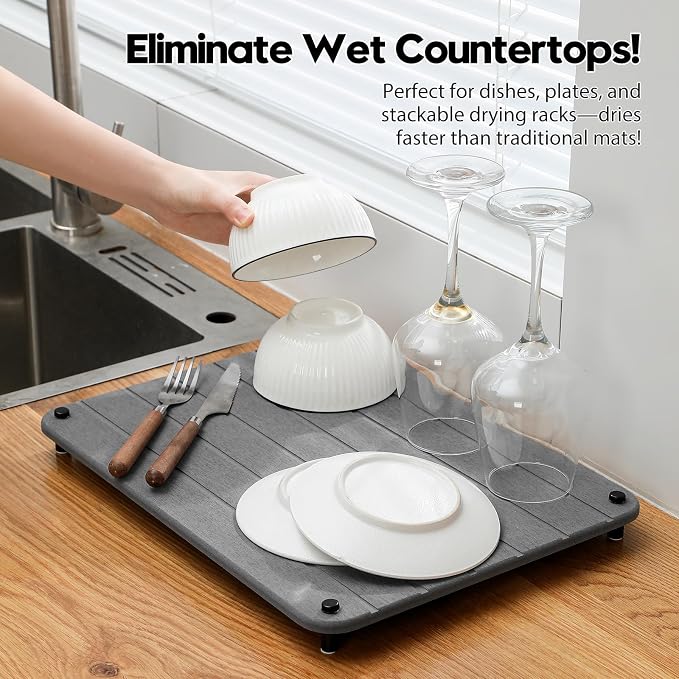 Stone Dish Drying Mat for Kitchen Counter, Water Absorbing Bathroom Tray Sink Organizer, Diatomaceous Earth Countertop Dish Rack Riser Sponge Holder Soap Dish, Dark Gray, 16" x 12" - Image 5