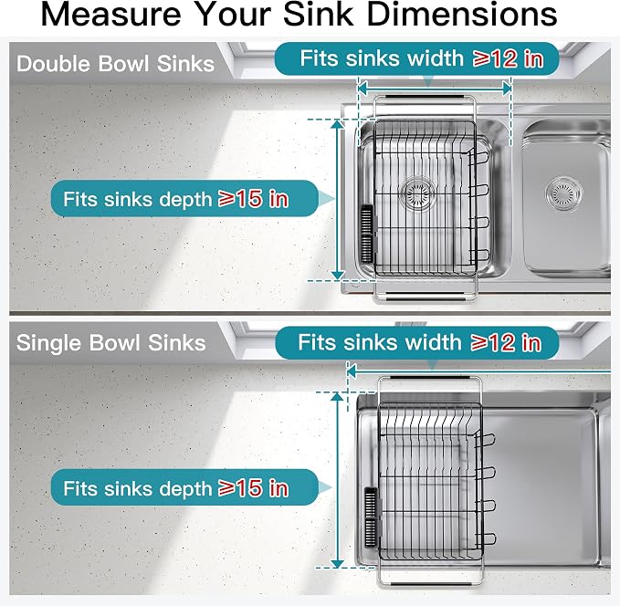JASIWAY Black Dish Drying Rack in Sink, Dish Drainer with Utensil Holder | Over The Sink Expandable Stainless Steel Strainer Dryer Rack for Small Kitchen, Counter Space Saving, Fast Drain, Rustproof - Image 3