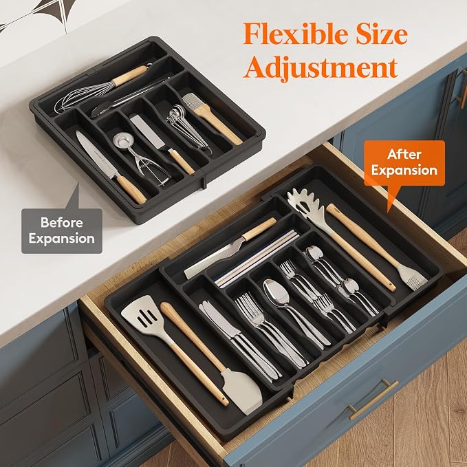 Lifewit Utensil Organizer for Kitchen Drawer, Expandable Cooking Silverware Tray, Adjustable Cutlery Flatware Holder, Plastic Spatula Tools Storage Divider, 13-22.4 x 15", Black - Image 7