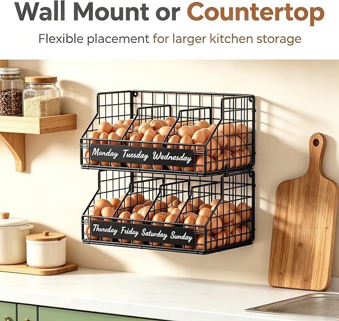 Egg Holder Countertop, Large 2T Chicken Egg Basket for Gathering Fresh Eggs | Egg Storage Organizer with Adjustable 5 Divider & Label, Stackable Wall Mounted Egg Collecting Basket Rack, XXL Black - Image 4