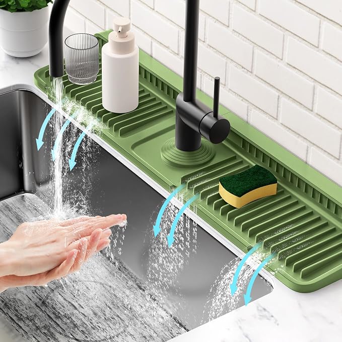 24'' Longer Faucet Mat for Kitchen Sink Splash Guard[7° Slope Fast Self-draining][Snap Lock Fit]Kitchen Sink Faucet Mat Splash Guard Kitchen Sink Area Water Splash Guard Behind Faucet Draining Mat by Snoquir