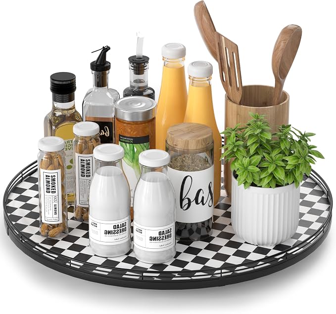 AMH18-Inch Black and White Checkerboard Lazy Susan Decorative Tray | Smooth rotating oak tray with walnut finish for dining tables, kitchen counters, pantries and cabinet storage. by AMH