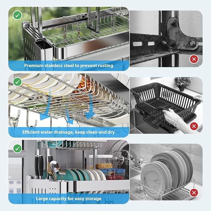 Upgrade 3 Tier Over Sink Dish Drying Rack Adjustable Width | 304 Stainless Steel with Pots and Pans Rack, Modern Large Expandable Kitchen Storage Counter Organizer - Image 4