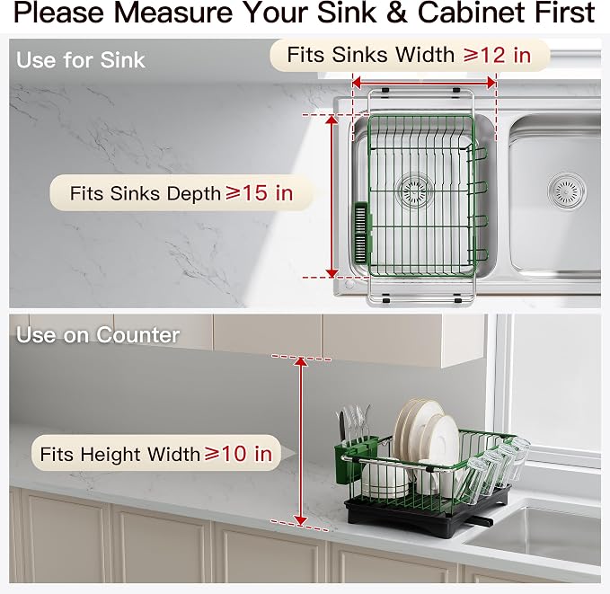 JASIWAY Green Dish Drying Rack in Sink with Drainboard and Utensil Holder | Use Over the Sink or Counter, Stainless Steel Expandable Dish Drainer for Small Kitchen, Space Saving, Fast Drain, Rustproof - Image 3