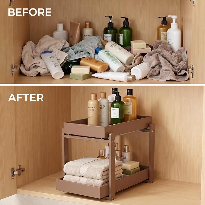 Bamboo Under Sink Organizer Adjustable Height 2 Tier Bathroom Organizer Pull Out Cabinet Storage Kitchen Heave Duty Wood Slide Ou Shelf for Kitchen Bathroom (Black, 2 Packs) (Brown, 2 Pack) - Image 6