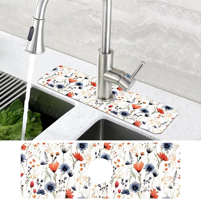 Watercolor Red and Blue Flowers Sink Faucet Absorbing Mat Sink Splash Guard Faucet Mat Draining Mat Fast Drying Sink Protectors for Kitchen and Bathroom 5.5"×15" - Image 4