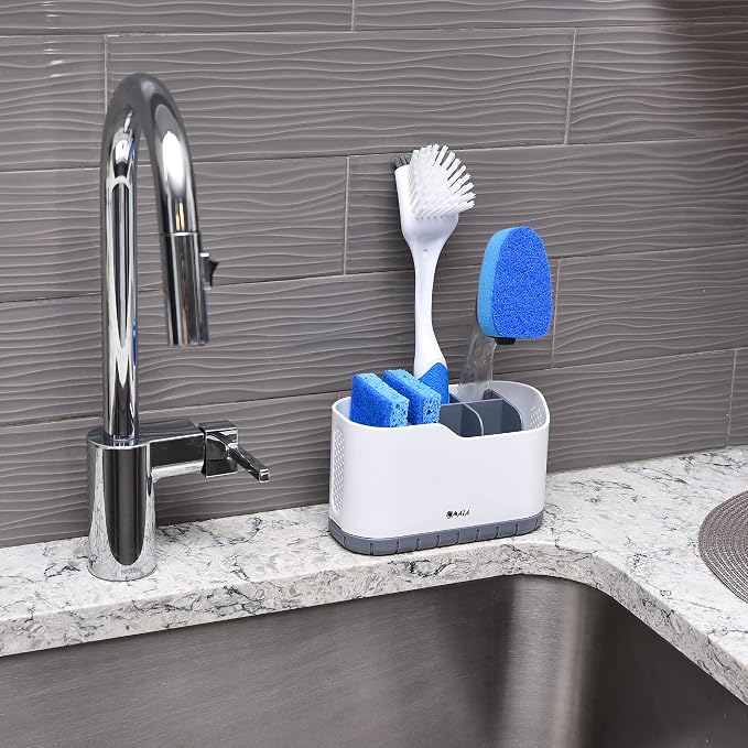 OMAIA Sink Caddy - Sink Organizer for Home, Kitchen, Wash Basin - Holder with Removable Dividers for Sponge, Brush, Toothbrush… White - Image 2