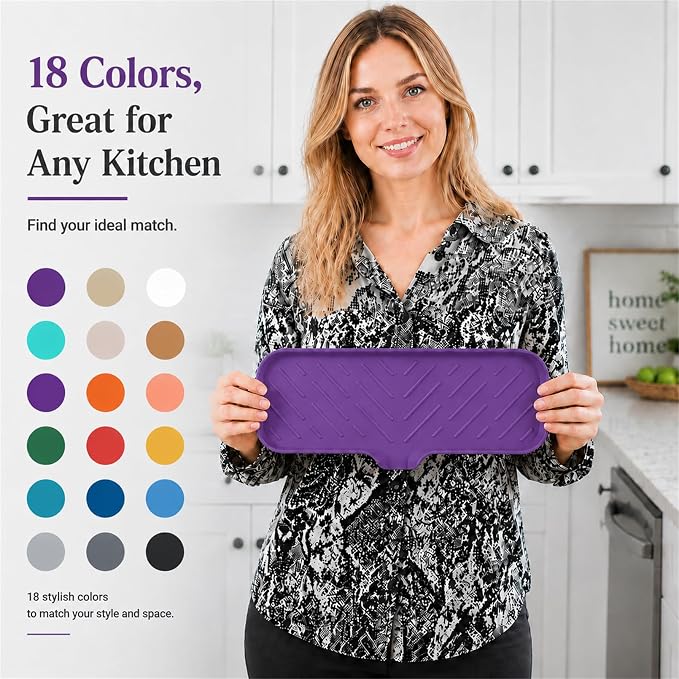 MicoYang Silicone Soap Dish with Drain Spout — Self-Draining Double Sink Organizer Tray for Kitchen & Bathroom, Dispensers, Sponges & Soap Holder, Non-Slip & Dishwasher Safe, Purple (Large, 12"×4") - Image 9