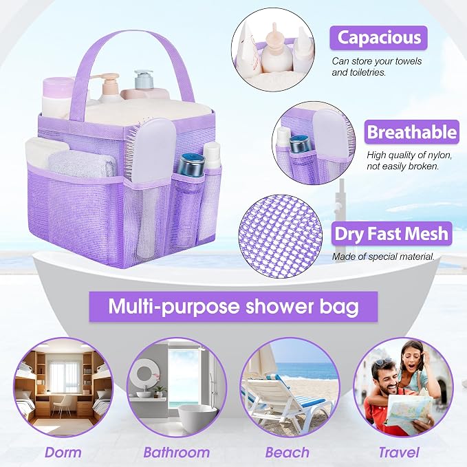 Mesh Shower Caddy Portable - 9 Pockets for College Dorm Room Essential | Large Capacity Mesh Shower Caddy with 9 Pockets, Portable Hanging Toiletry Bag for College Dorm, Gym, Camping and Beach - Image 3