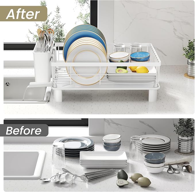 SNTD Dish Drying Rack for Small Kitchen Counter, 11" W x 15" L, White | Space Saving, Rotating Spout & Angled Drainboard for Quick Drainage, Stainless Steel, Removable Utensil Holder - Image 8