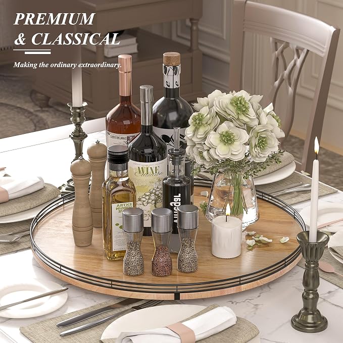AMH 24-Inch Extra Large Farmhouse Oak Lazy Susan Organizer | Smooth rotating oak tray with walnut finish for dining tables, kitchen counters, pantries and cabinet storage. - Image 3
