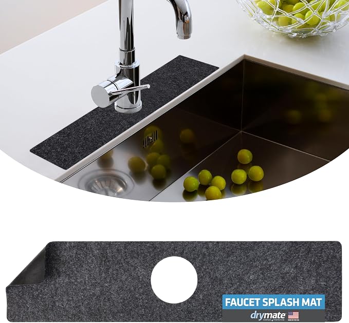 Drymate Faucet Splash Guard Mat for Kitchen & Bathroom Sink, Thin Countertop Drip Protector Drying Pad, Absorbent, Waterproof, Washable (USA Made) (18" W x 4.33" L x 0.13" H With Pre-Cut 2.5" Hole) by Drymate