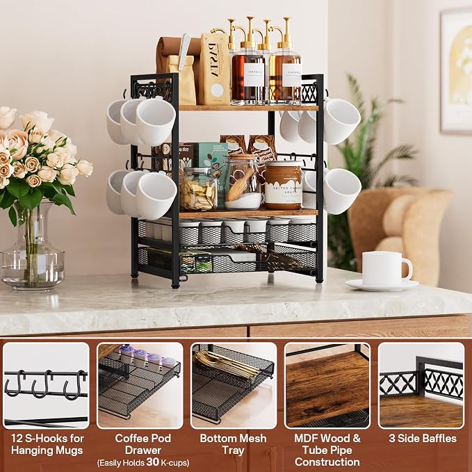 Plaviya Coffee Bar Organizer Coffee Station K Cup Holder for Countertop | 30 Coffee Pods Organizer, Mug Holder with 12 Hooks, 2 Drawers, Multifunctional, Kitchen, Dining Room, Office, Rustic Brown - Image 5