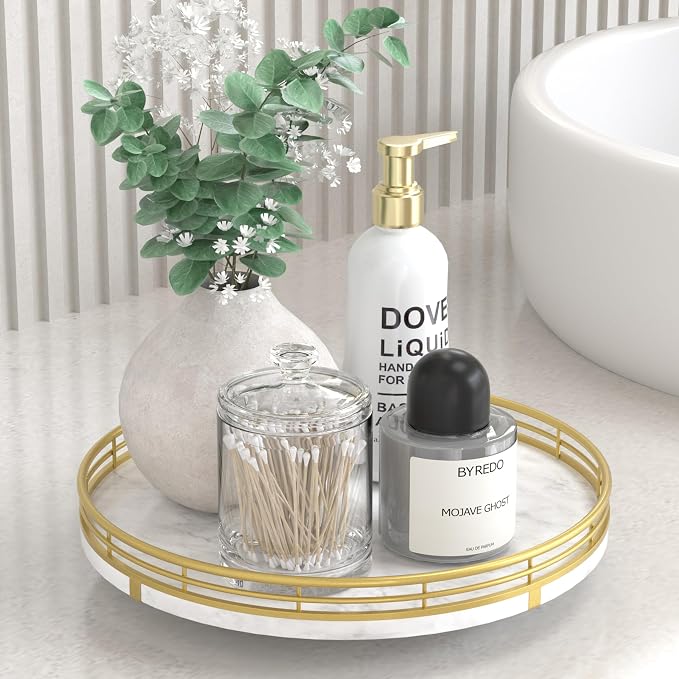 AMH 10-Inch White Marble Lazy Susan with Gold Frame | Smooth rotating oak tray with walnut finish for dining tables, kitchen counters, pantries and cabinet storage. by AMH