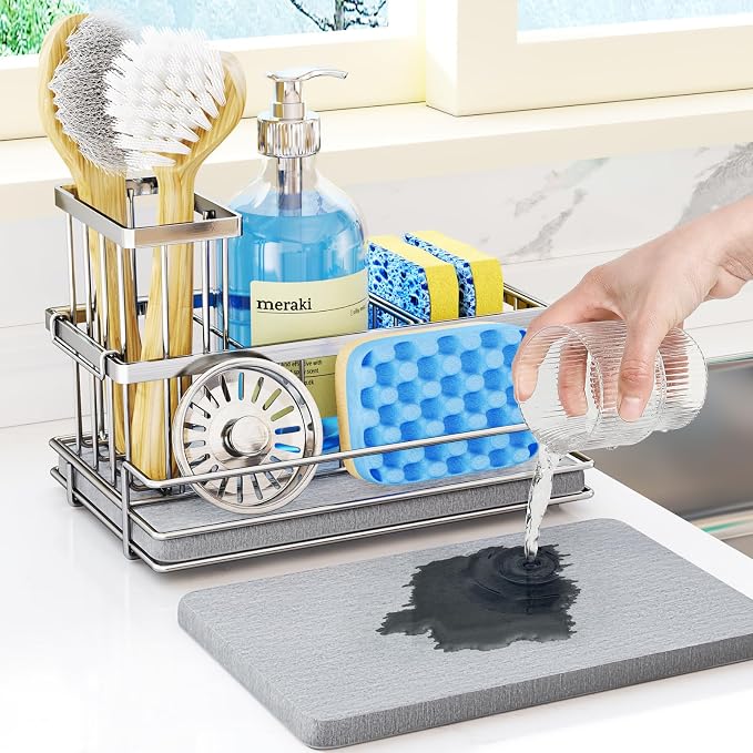 HapiRm Sink Caddy Sponge Holder - Kitchen Sink Organizer with Instant Drying Stone and Brush Holder, Stainless Steel Sponge Caddy for Kitchen Countertop - Silver by HapiRm