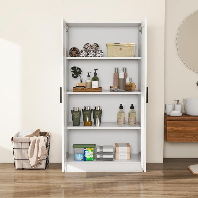 Wooden Storage Cabinet, Collection Food Pantry Narrow Cabinet Free Standing with 2 Doors and 3 Shelves Tool Cabinet, for Kitchens, Living Room, Utility Rooms (White) - Image 5