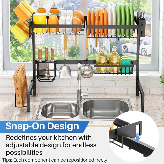 SNTD Over The Sink Large Dish Drying Rack, Metal, 26.8"-34.6", Black | Adjustable Length, Rust-Resistant, Utensil Holder, Cup Holder, Cutting Board Holder, Knife Holder, Sponge Holder and Hooks - Image 5