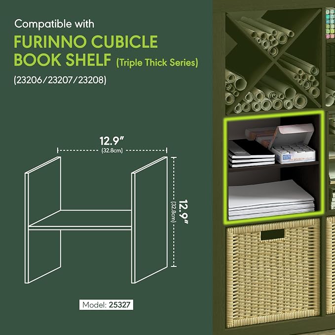 Furinno Cubicle H-Shelf Cube Insert, 2-Tier Cube Organizer, Dark Oak | 12.9W x 12.9H, Shelf Accessory, Fits into Furinno Triple Thick Cubes, IKEA Kallax, for Organizers and Storage - Image 3