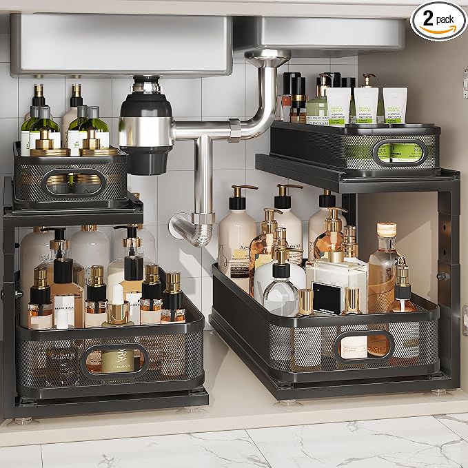 2 Pack 18.5IN-Depth Under Sink Organizer With Next-Gen Ball-Bearing Slides,2-Tier Precision Mesh Pull Out Cabinet Storage for Bathroom&Kitchen,Height Adjustable Drawers Shelf,Anti-rust-Black by Corbyles