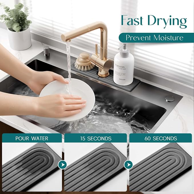 Diatomite Kitchen Faucet Mat - 14Inch Water Absorbing Stone Tray for Sink, Stone Fast-Drying Faucet Mat for Kitchen Counter Sink Accessories (Dark Grey, 14'' x 3.9'') - Image 3