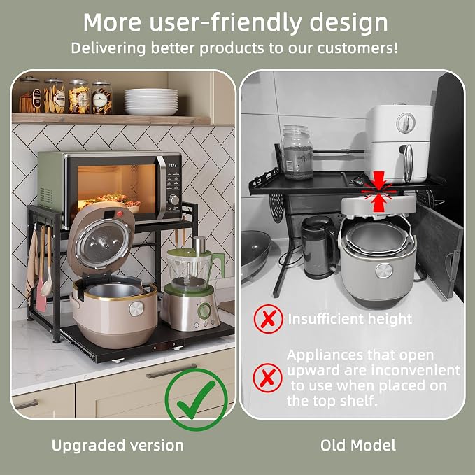 2 Tier Expandable Microwave Stand countertop,Microwave Oven Rack | Pull-Out Microwave Shelf, storage shelf for pans &appliances,Adjustable partition height，8 Hooks,55lbs max load,Black - Image 7