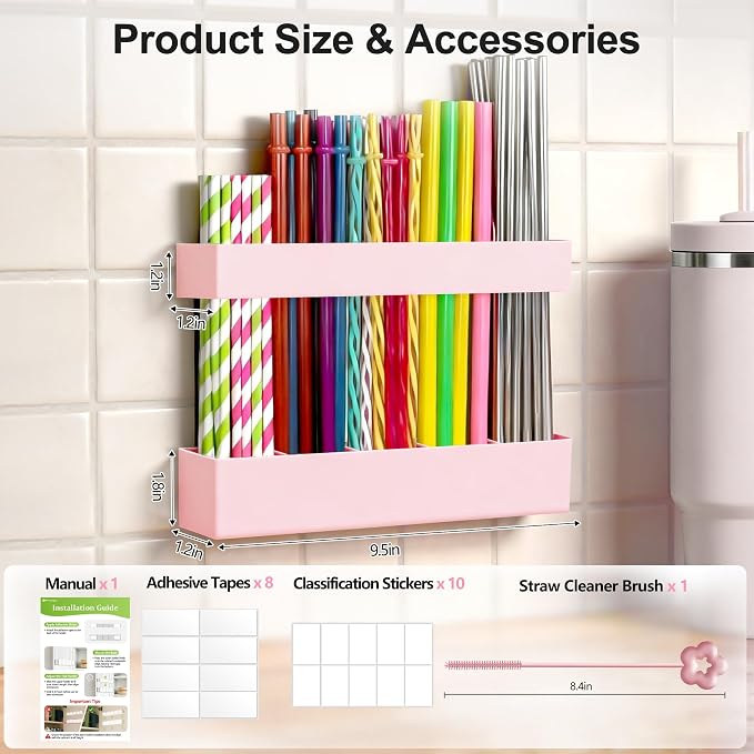9.5” Large Acrylic Straw Holder for Cabinet Door, Adjustable Two-Part | Reusable Straws Organizer with Ultra Sticky Adhesive Strips, 2026 Straw Storage for Kitchen Cupboard (Rose Stone) - Image 8