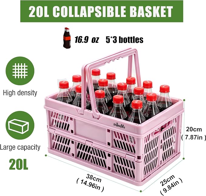 20L Pink Foldable Plastic Storage Crate Collapsible Shopping Basket | plastic baskets with handles for organizing,14.96" x9.84"x 7.87" basket for Trunk Milk Dairy Kitchen,Bathroom,school,office - Image 7