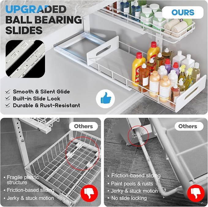 Under Sink Organizer Upgrade To Professional Rails,2-Tier Dual Pull Out Cabinet Storage,Height Adjustable Slide Out Drawers For Bathroom Kitchen,2 Pack-21"Dx12.8"-16.9"H,White - Image 3