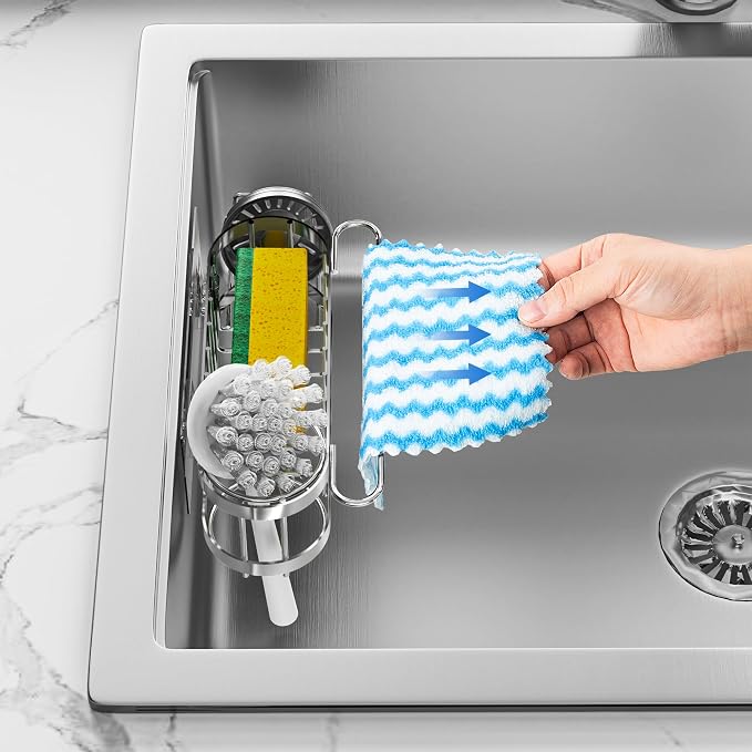 Cisily Kitchen Sink Caddy Sponge Holder in The Sink, Stainless Steel Kitchen Sink Organizer, Brush Holder, Dish Cloth Hanger, Sink Stopper Holder (Hanging-Silver) - Image 4
