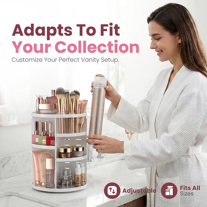 Masirs 360 Rotating Makeup Organizer Countertop, Adjustable Shelf, White | 360-Degree Rotating Makeup Organizer, Adjustable Shelf Height, Cosmetic Perfume Skincare Storage, Vanity Countertop, White - Image 4