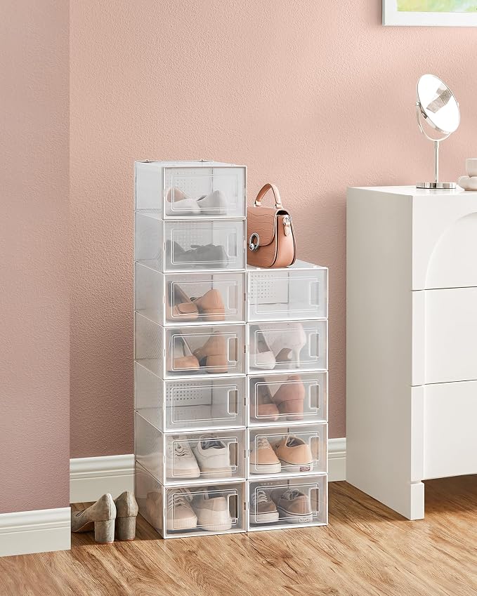 SONGMICS Shoe Boxes, Pack of 24 Shoe Storage Organizers, Stackable Clear Plastic Boxes for Closet, Sneakers, 13.1 x 9.1 x 5.6 Inches, Transparent and White ULSP906W12 - Image 3