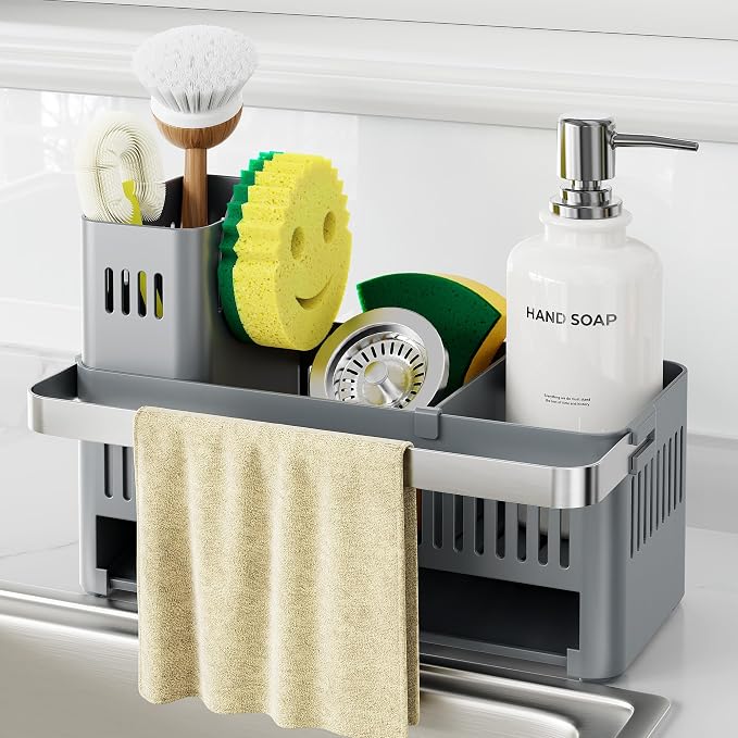Nieifi Sponge Holder, Grey Rustproof ABS Sink Caddy with Towel Rack | Smiley Sponge and Brush Holders with Drainage to Keep Items Dry. 10"L x 4.5"D. Kitchen Counter Organizer & Essential Storage. by Nieifi