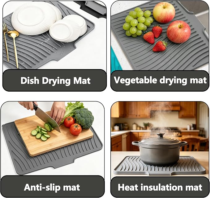 Silicone Dish Drying Mat,15.7"*13"Dish Drying Pad,Kitchen Accessories,with Built-In and Non-Slip Drain,Easy Clean, Fit for Kitchen, Bar, RV, Refrigerator and Drawer Liner, Grey - Image 7