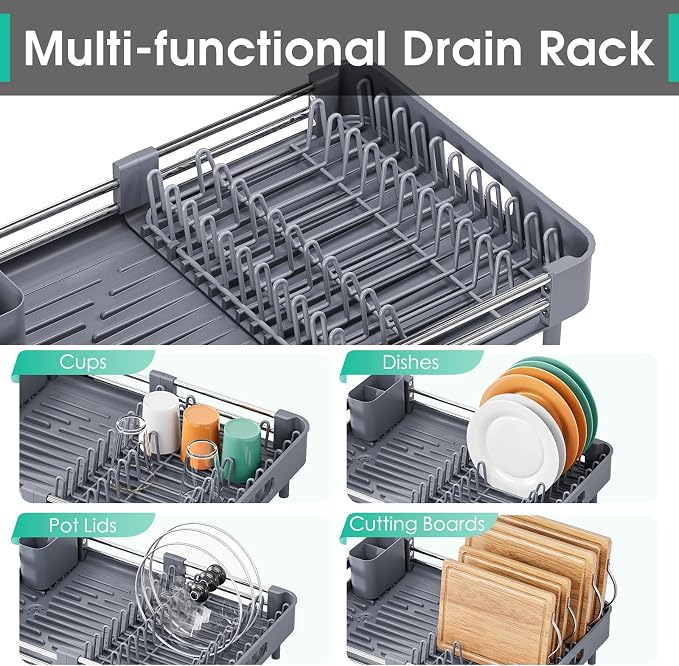 TOOLF Expandable Dish Drying Rack with Cutlery Holder, Standard, Grey | Over or In Sink Stainless Steel Dish Drainers for Compact Kitchen, Space Saving, Fast Drain, Rustproof, For 1-3 people - Image 4