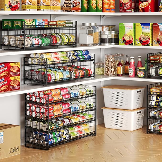 3 Tier Stackable Can Rack Organizer for Pantry Shelf, Adjustable Extra-Long Can Holder for Kitchen Storage, Sturdy Standing Rolling Can Dispenser for Canned Food Goods Drink Soup up to 96, Black - Image 4