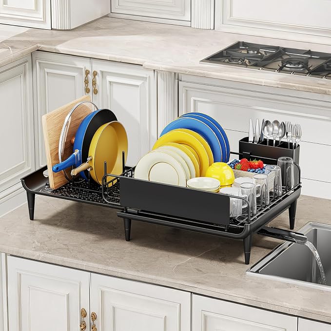 Urackify Expandable Dish Drying Rack with Drainboard for Kitchen Counter | Expands from 16.9 to 26.6 inches to fit more dishes, plates with fast drainage and flexible placement for any sink - Image 2