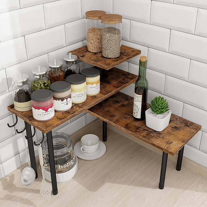 Kitchen Countertop Organizer - 3 Tier Corner Shelf, Bathroom Counter Organizer, Spice Rack, Coffee Bar, Over Sink, Rustic Brown by Homode