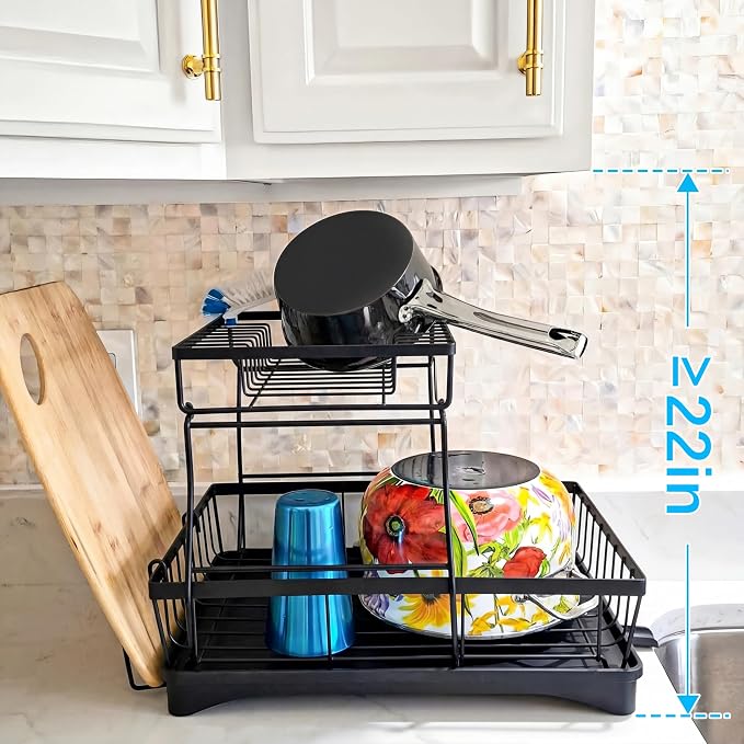 7 code 2-Tier Large Dish Drying Rack for Kitchen Counter, Black | Detachable Large Capacity Dish Drainer Organizer with Auto Drain, Anti-Rust Dish Rack with Cup & Utensil Holders - Image 7
