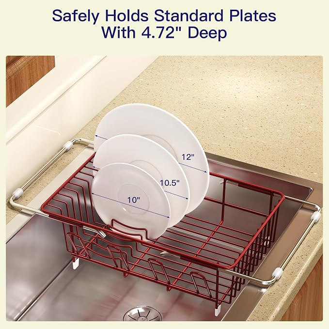 Red Dish Drying Rack Over The Sink with Utensil Holder | Expandable Stainless Steel Dish Drainer for Small Kitchen, Apartment, RV, Counter Space Saving, Perfect Fit, Rustproof - Image 7