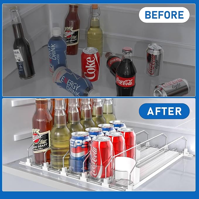 Drink Organizer for Fridge, Soda Can Organizer Dispenser for Refrigerator with Automatic Pusher Glide, Width Adjustable Clear Dividers Can Holder for 25 Cans, 15''D x16.6''W, 5 Rows - Image 4