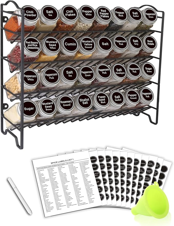 SWOMMOLY Spice Rack Organizer with 32 Glass Spice Jars and 396 Spice Labels | Chalk Marker, Funnel - Spice Organizer for Cabinet, Countertop, Pantry, Cupboard & Wall Mount, 14.8" W × 12.6" H, Black by SWOMMOLY