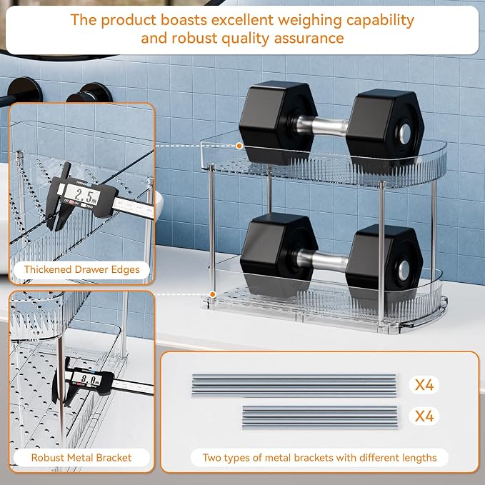 4 Pack Large Pull Out Bathroom Organizers and Storage,2 Tier 12.8″ Tall Sliding Kitchen Under Sink Organizer for Cleaning Products Storage,Acrylic Clear Bathroom inder Sink Organizer,Undersink Storage - Image 6