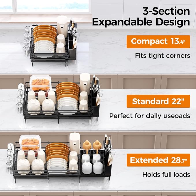 Delamu Stainless Steel Dish Drying Rack, Expandable Dish Drainer, Anti-Rust Large Dish Racks for Kitchen Counter, Dish Strainers with Drainboard, Utensil & Cup Holder, 13.4"-28.7" L x 11.8" W, Black - Image 2