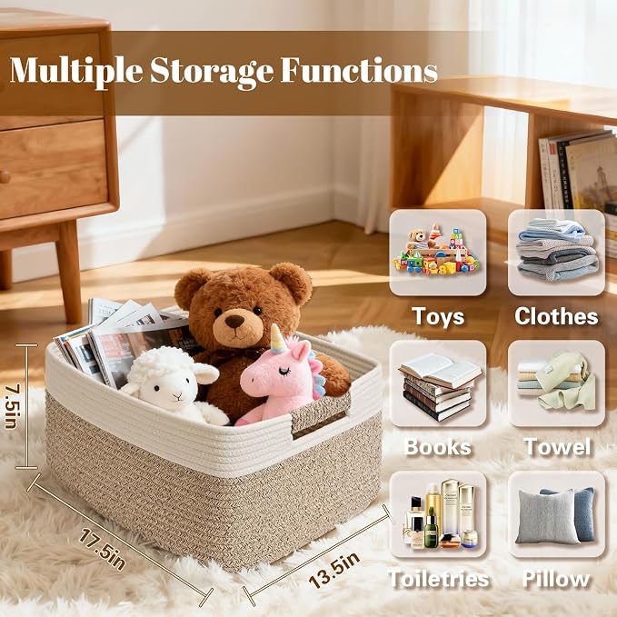 4 Pack Large Storage Basket for Organizing, 17.5"x13"x7" Woven Basket for Shelves, Closet Cube Storage Bins with Wrapped Handle, Cotton Rope Baskets for Kitchen, Clothes, Toys(Off White & Brown) - Image 3