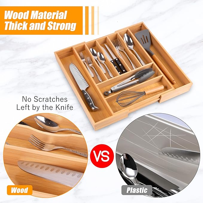 Large Premium Bamboo Silverware Organizer - Expandable Utensil Drawer Organizer - 17"x19.6" Utensil Holder and Cutlery Tray with Grooved for Kitchen Flatware and Utensils Mother's Day Gift - Image 5