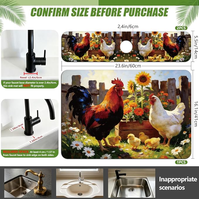 3 Pcs 2 Size Kitchen Sink Splash Guard Faucet Mat Farm Chicken Pattern Faucet Mats for Sinks Chicken Pattern Absorbing Drying Mat for Kitchen Bathroom - Image 2