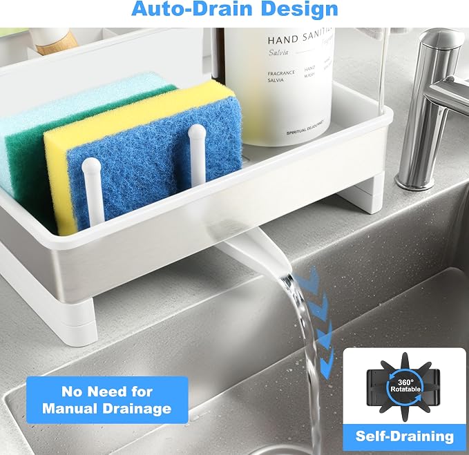 Sponge Holder for Kitchen Sink Caddy Organizer, Dish Brush Holder | Stainless Steel Sponge Caddy for Kitchen Countertop Organizer, Rustproof Dish Soap and Sponge Rack with Dishcloth Drying Rack - Image 3