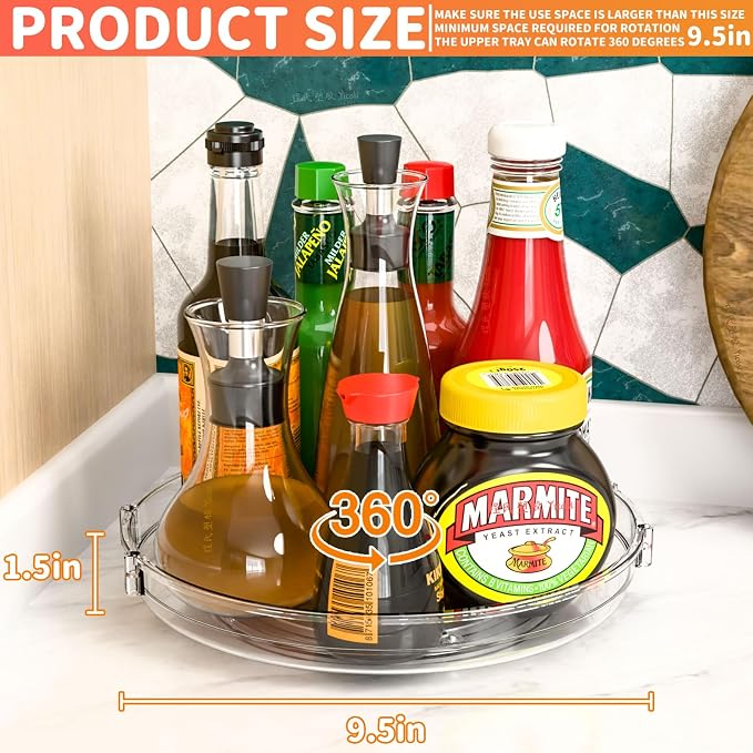 9.5" W Acrylic Clear Lazy Susan Turntable for Cabinet,Kitchen Countertop,Refrigerator and Pantry Organization Storage,1 Tier Small Spinning Organizer for Vitamin,Medicine,Spice Rack & Organization - Image 3